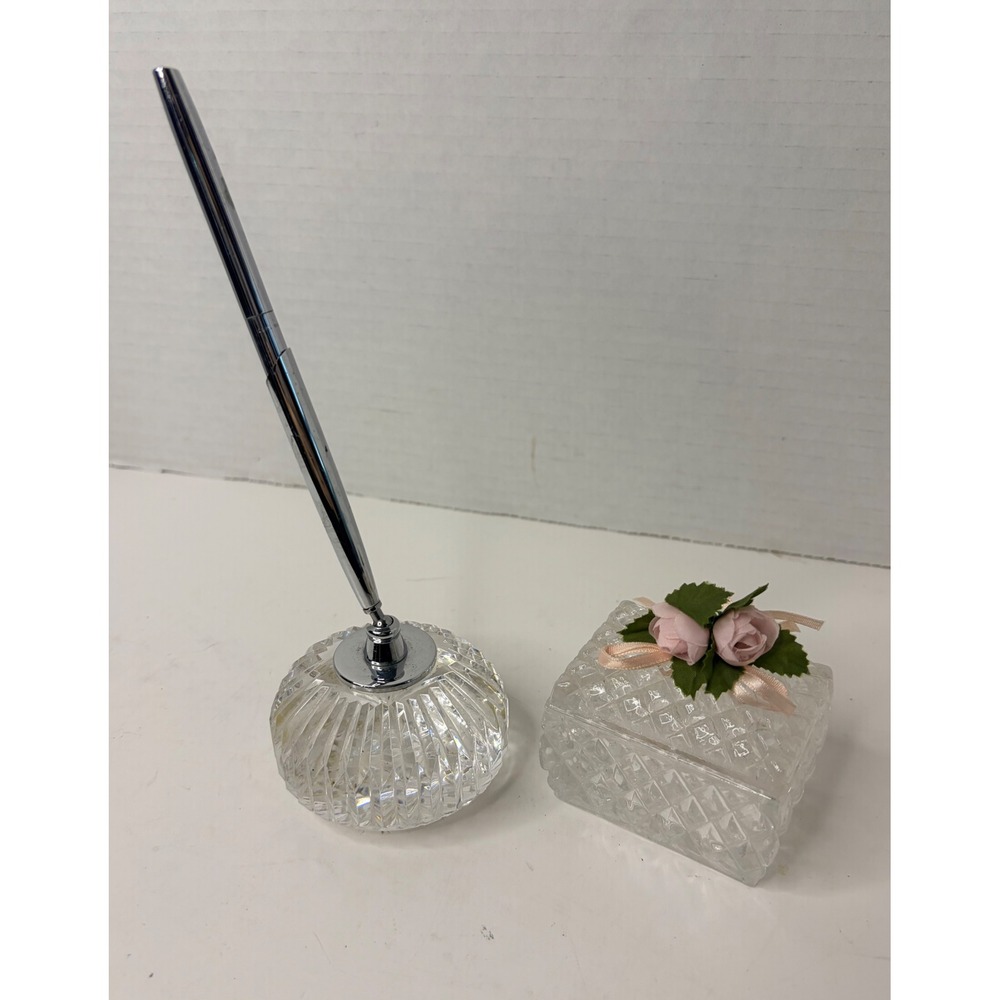 Vintage Crystal Pen Holder with Chrome Pen and Rose Trinket Box Desk Set USA